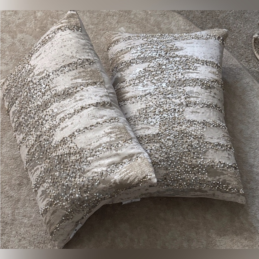 Silver, gray, beige, taupe modern abstract accent pillows with beading